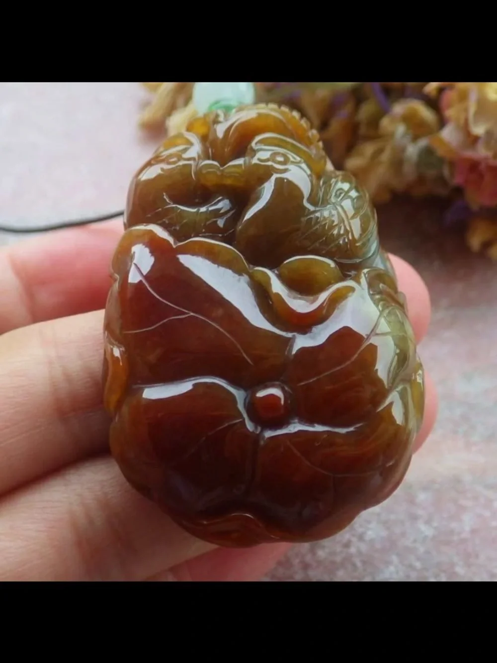 Red jadeite jade mandarin duck lotus flower bird certificate pendant